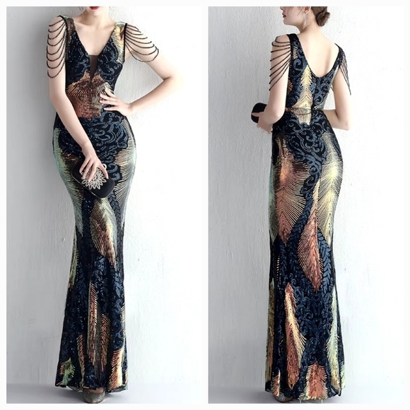 Navy, Floral, Beaded,  V Neck, Round Back,  Sleeveless,  Sequined Mermaid Gown - Picture 3 of 16